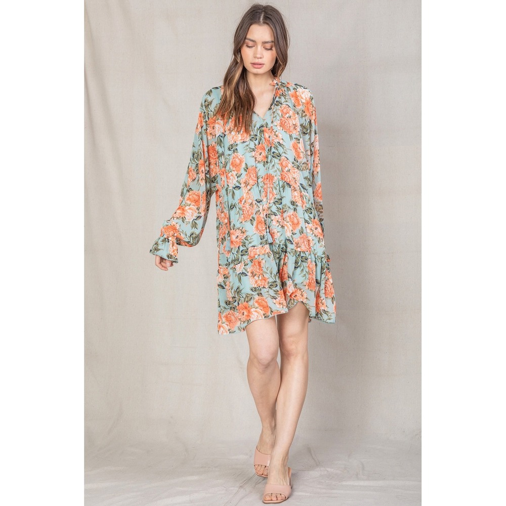 Reverof Floral Chiffon Tassel Long Sleeve Dress Large Orange Teal Boho Prairie